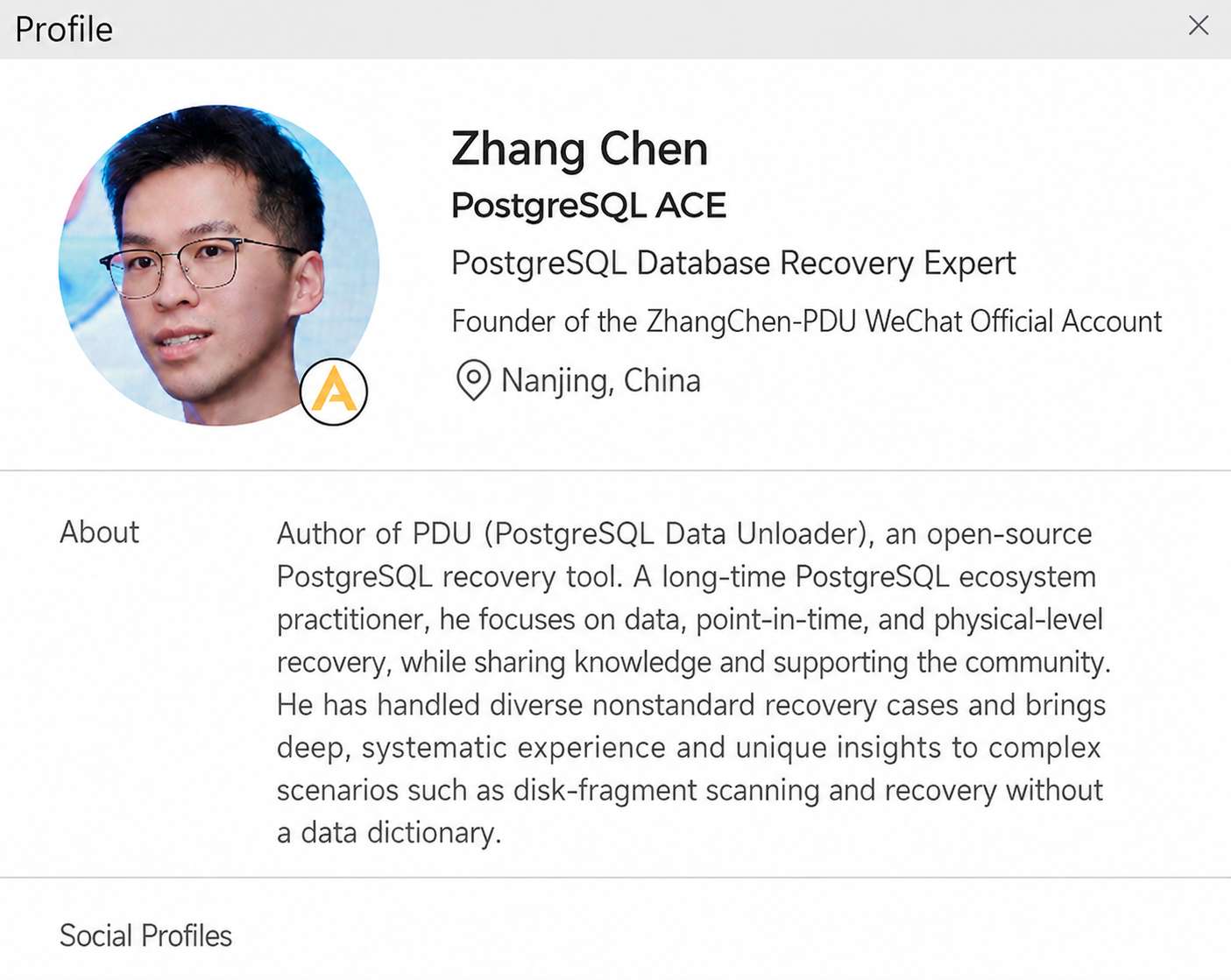 Zhang Chen PostgreSQL ACE profile